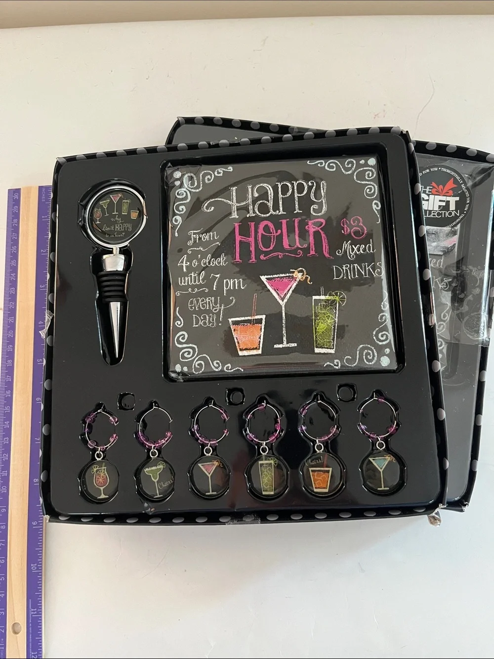 2 Sets of Happy Hour Wine Stopper, Cocktail Napkins & Glass Markers